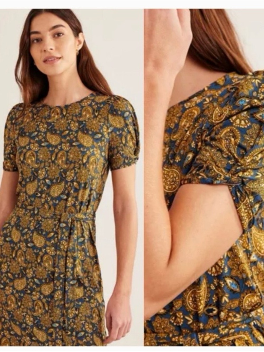 Boden Paisley Mini Dress in Mustard & Navy, Sz 16-18